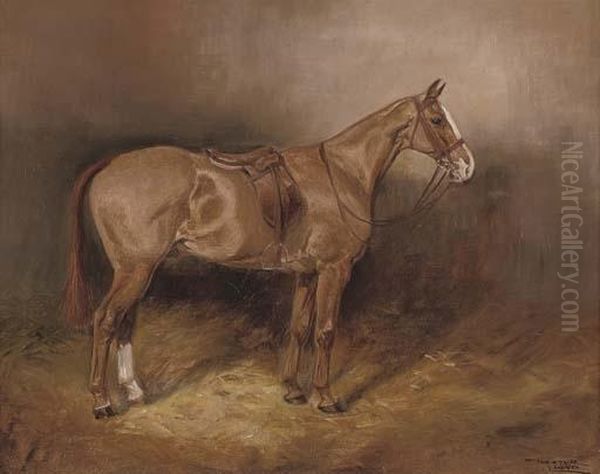 A Bay Hunter In A Stable; And A Saddled Chestnut Hunter In A Stable Oil Painting by Thomas Ivester Lloyd