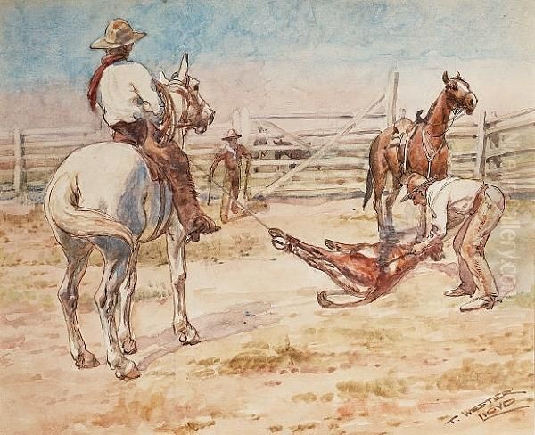 Roping The Steer Oil Painting by Thomas Ivester Lloyd