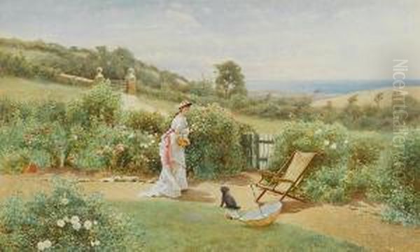 Gathering Flowers In A Coastal Garden Oil Painting by Thomas Lloyd