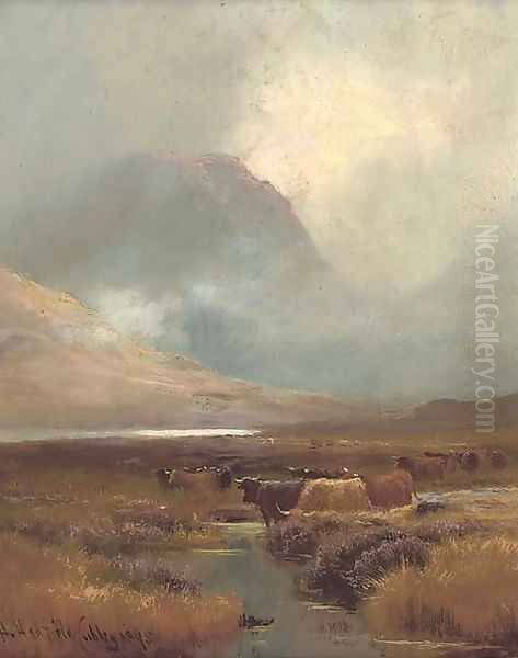 Cattle watering in a highland landscape Oil Painting by Henry Hadfield Cubley