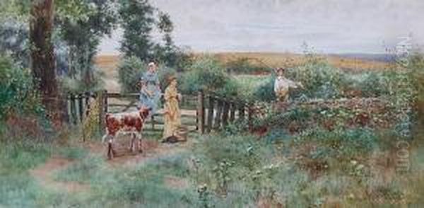 A Countryside Landscape With Milkmaids By A Gateway And A Farmer Boy On A Country Path Oil Painting by Thomas Lloyd