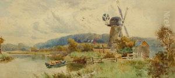 Roi Rws -- River Landscape With A
 Windmill; Watercolour, Bears Inscription Attached To The Reverse Of The
 Frame, 16x34cm Oil Painting by Thomas Lloyd