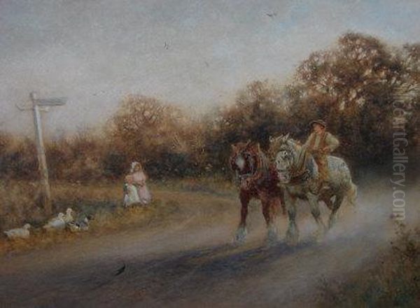 Rural Crossroads - Scene With Crossroad Sign ' To Flansham ',
 Sussex Two Working Horses And Children With Ducks On A Country
 Lane Oil Painting by Thomas Lloyd