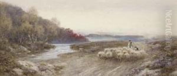 A Shepherd And His Flock Returning Home At Sunset Oil Painting by Thomas Lloyd