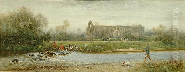 Huntsmen, Hounds And Other Figures Beside The River Wharfe At Bolton Abbey, Yorkshire Oil Painting by Thomas Lloyd