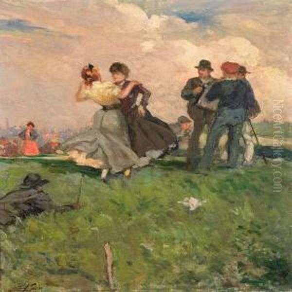 Dance And Music On The Bastille Oil Painting by Almery Lobel-Riche