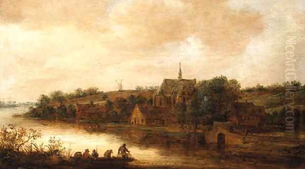 A River Landscape with Anglers in a Punt, a Church beyond Oil Painting by Anthony Jansz. Van Der Croos