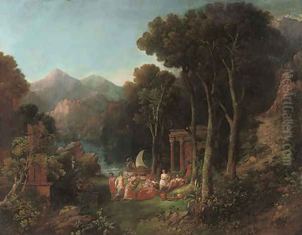 A mountainous wooded river landscape with a bacchanal Oil Painting by Charles Caryl Coleman