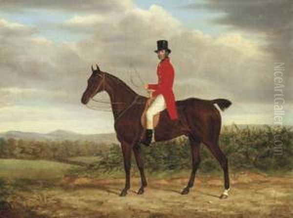 A Gentleman On His Bay Hunter In A Landscape Oil Painting by James Loder