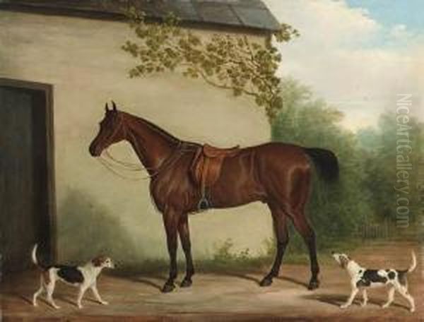 A Bay Hunter With Hounds Outside A Stable Oil Painting by James Loder