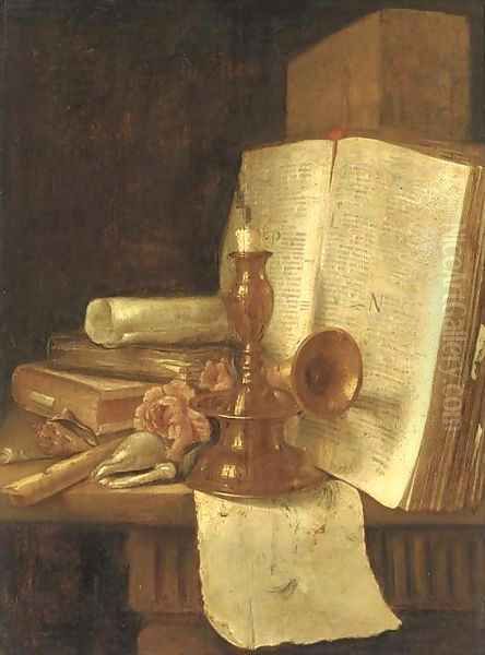 A brass candlestick, books, roses and shells on a table Oil Painting by Edwart Collier