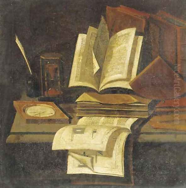 Books, an hourglass, a quill and ink pot and a compass on a table Oil Painting by Edwart Collier