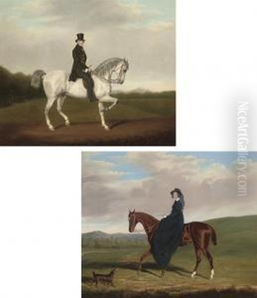 Portrait Of A Gentleman In A 
Green Coat On A Grey Stallion In Alandscape; And Portrait Of A Lady In A
 Blue Dress On A Chestnutmare With A Dog In A Landscape Oil Painting by James Loder Of Bath