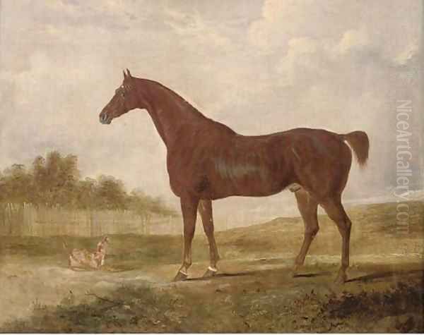 A chestnut hunter and a terrier in an extensive landscape Oil Painting by Edwin Cooper