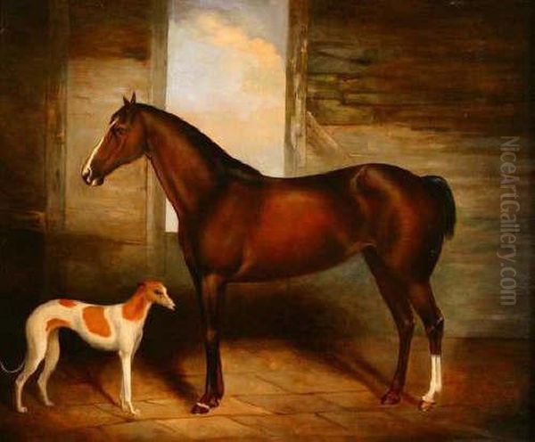 Bay Thoroughbred With Greyhound In A Barn Interior Oil Painting by James Loder Of Bath