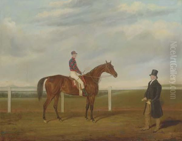 A Bay Racehorse With Jockey Up, And His Owner, On Aracecourse Oil Painting by James Loder Of Bath