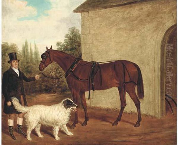 A Bridled Horse Held By A Groom, A Dog By His Side Oil Painting by James Loder Of Bath