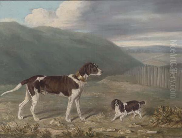 A Gundog And A Spaniel In A Landscape Oil Painting by James Loder Of Bath