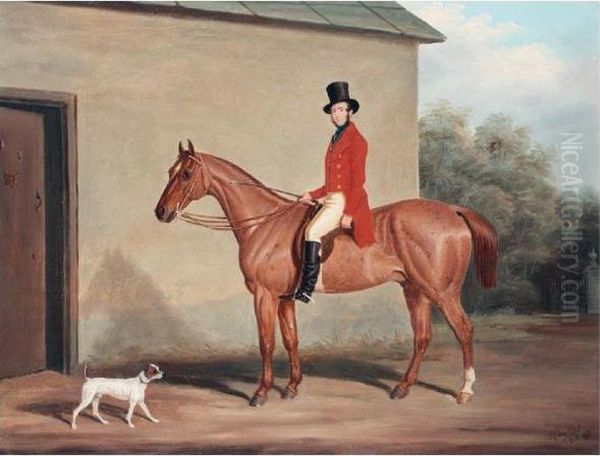 Major William Vaughan Jenkins On A Chestnut Hunter At Combe Grove, Bath Oil Painting by James Loder Of Bath