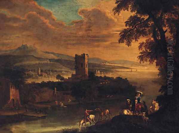 An extensive river landscape with an elegant couple on horseback, a village beyond Oil Painting by Gianbattista Cimaroli