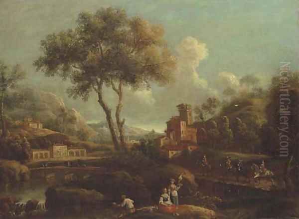 An Italianate landscape with peasants fishing by a river, horsemen crossing a bridge beyond Oil Painting by Gianbattista Cimaroli