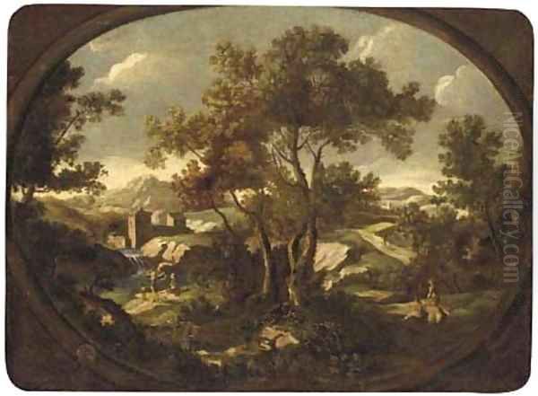 A landscape with travellers at rest by a river, other figures on a path, a walled town beyond Oil Painting by Gianbattista Cimaroli