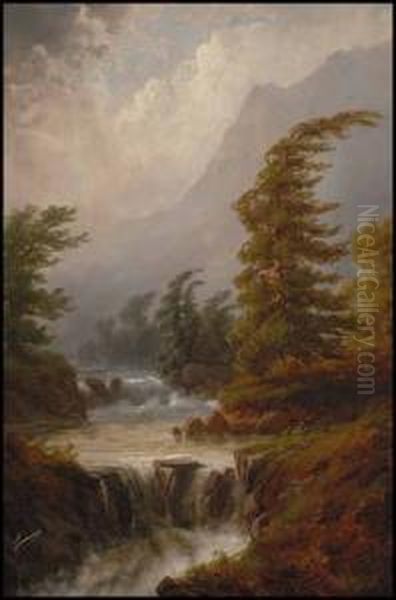 Wind Blown Trees And Rushing River Oil Painting by Alexander Francois Loemans