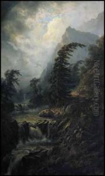 Mountain And Waterfalls Oil Painting by Alexander Francois Loemans