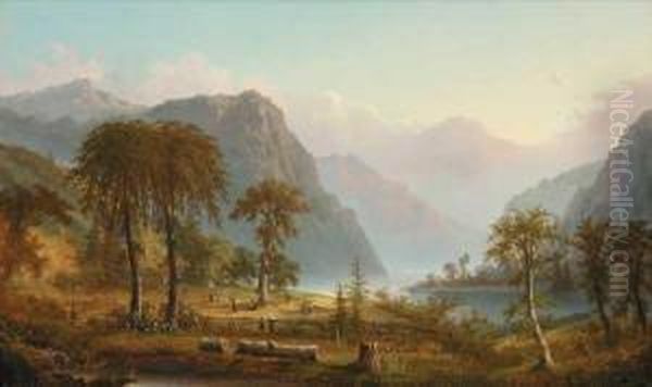 Harvesters In A River Landscape Oil Painting by Alexander Francois Loemans