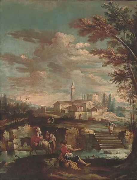 An Italianate river landscape with travellers and an angler on a river bank, a town beyond Oil Painting by Gianbattista Cimaroli