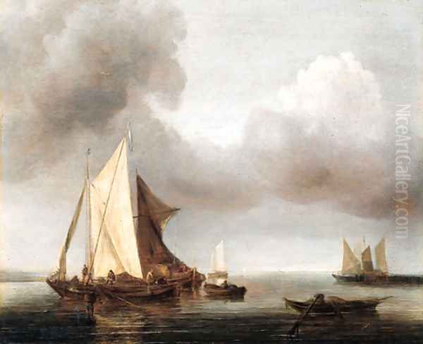 A calm smalschepen at anchor on a cloudy day Oil Painting by Jan Van De Capell