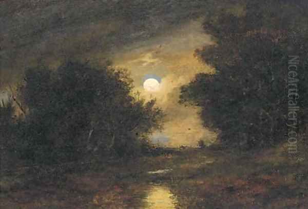 A moonlit wooded landscape by John Burney Crome