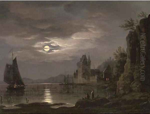 A moonlit river landscape with figures on the shore, shipping beyond by Louis Johann Ludwig Catoir