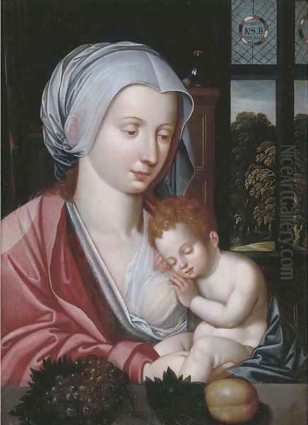 The Virgin and Child in an interior, a landscape beyond Oil Painting by Marcellus Coffermans