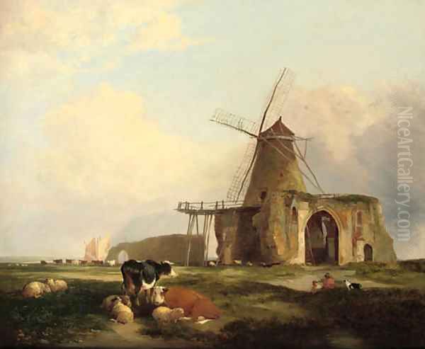 View of St Benet's Abbey, Norfolk, with figures, cattle and sheep in the foreground Oil Painting by Miles Edmund Cotman