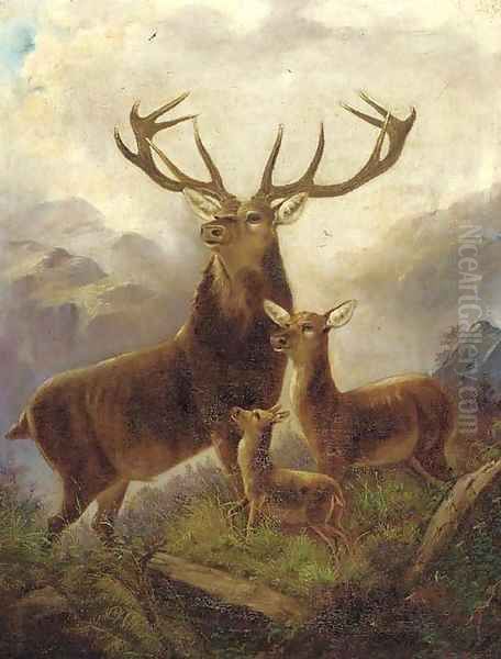 A stag with hinds in a Highland landscape Oil Painting by Robert Cleminson