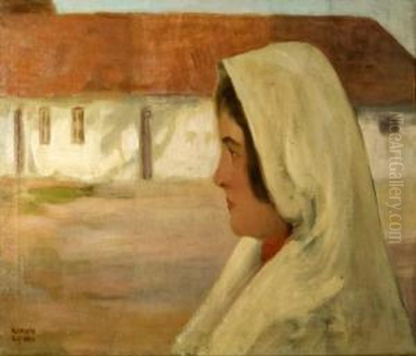 Femeie In Fata Casei Oil Painting by Kimon Loghi