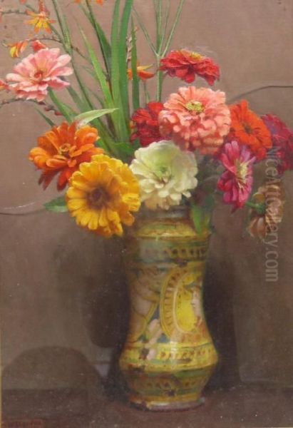 Still Life Flowers In A Delft Vase Oil Painting by William Logsdail