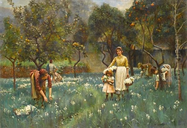 Picking Flowers In An Orange Grove Oil Painting by William Logsdail