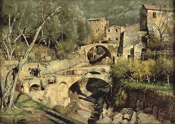 View Of A Mediterranean Village With Bridges And A Villager With His Donkey Oil Painting by William Logsdail