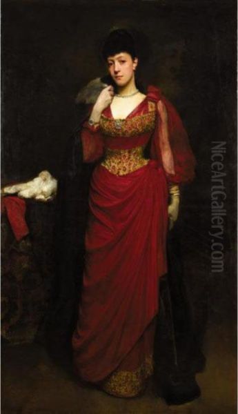 Portrait Of A Lady In A Red Dress With A Shawl, By Tradition Bessie Burton Oil Painting by William Logsdail