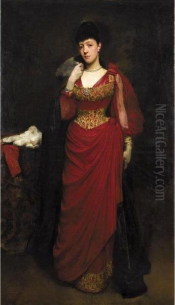 Lady In A Red Dress With A Shawl By Tradition Bessie Burton Oil Painting by William Logsdail