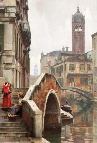 The Ponte Dei Pugni, With The Campanile Of Sta. Fosca Beyond Oil Painting by William Logsdail