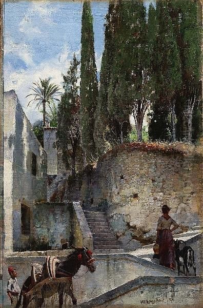 Figures And Animals In A Spanish Village Oil Painting by William Logsdail