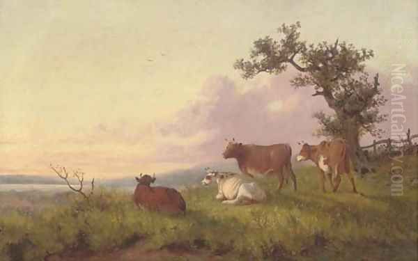 Cattle in a landscape, sunset Oil Painting by Thomas Sidney Cooper