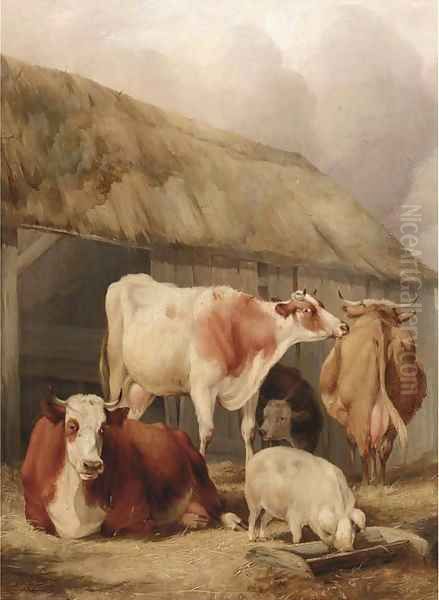 Cattle and a pig in a farmyard Oil Painting by Thomas Sidney Cooper