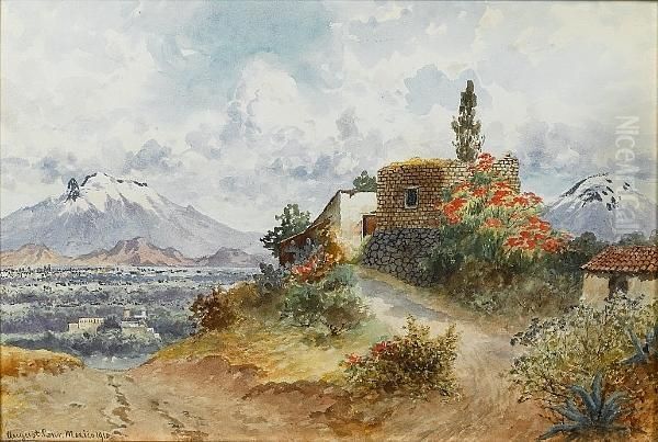 View Of Mexico City And Iztaccihualt Oil Painting by August Lohr