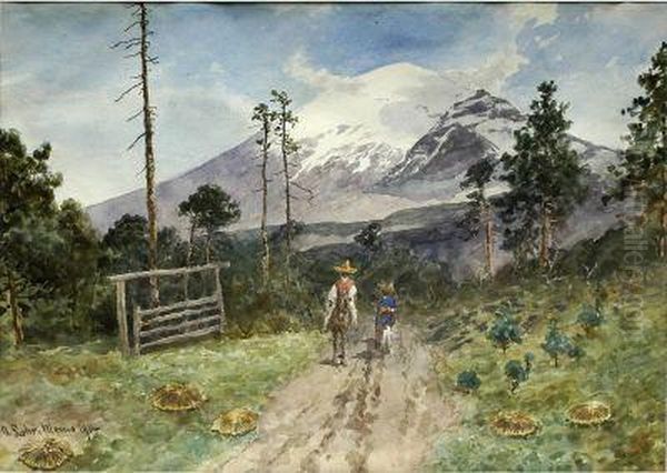 Vista Del Popocatepetl Y Campesinos En Vereda. Oil Painting by August Lohr