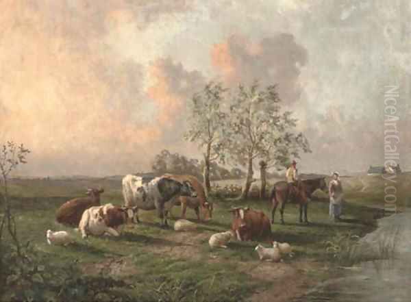 Figures with cattle and sheep in a landscape Oil Painting by Thomas Sidney Cooper