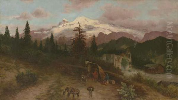 Campesinos A Las Afueras De Una Iglesia Al Pie Del Ixtlazihuatl Oil Painting by August Lohr